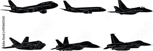 Aircraft silhouettes collection, passenger airplane and fighter jet vector illustration set, commercial and military aviation design isolated black shapes multiple views