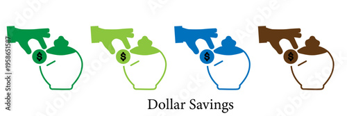 Hand depositing dollar coin into money jar icon set, symbolizing saving, finance, investment, and financial planning, simple vector illustration for banking and wealth management concepts