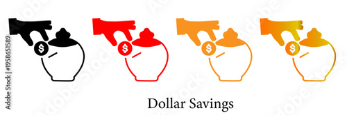 A versatile set of financial vector icons showing a hand dropping a dollar coin into a savings jar, representing concepts of money, savings, investment, and charitable donations.