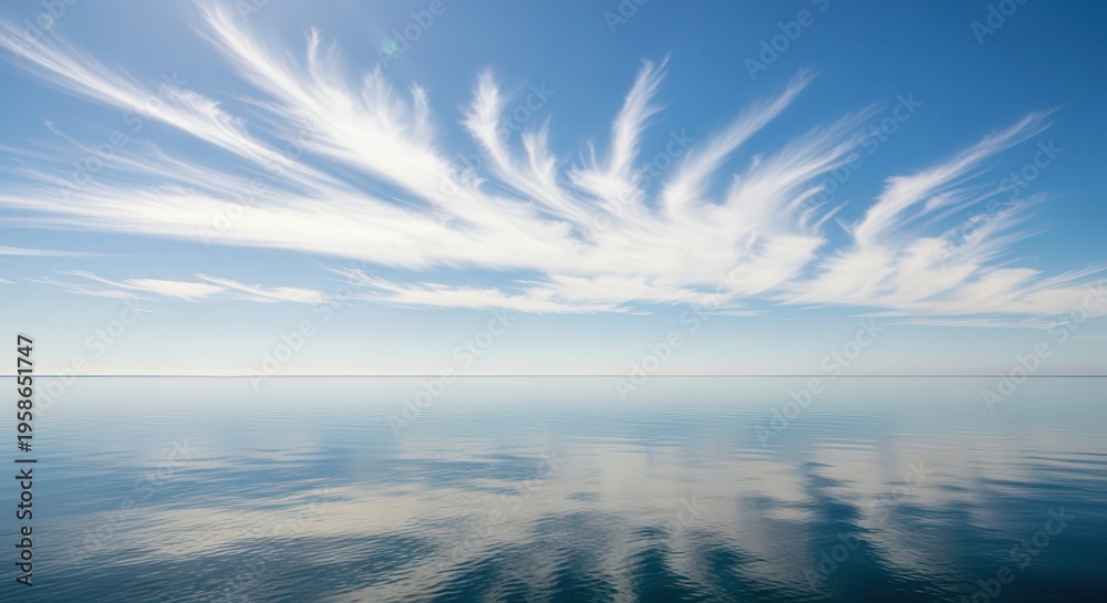 Fototapeta premium Serene Ocean Reflection Under Bright Blue Sky with Wispy Clouds
