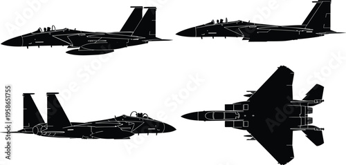 Fighter jet silhouettes collection, modern military aircraft vector illustration set, side and top views, aviation design isolated black combat warplane shapes