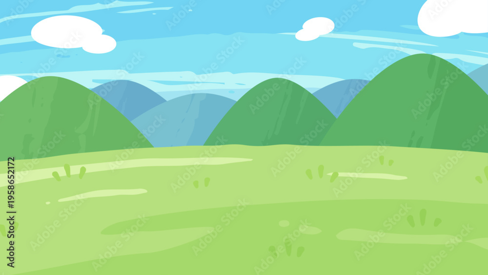 Fototapeta premium 絵の具で描いたような草原と山の背景イラスト_16:9