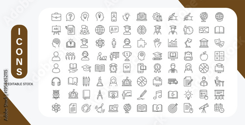 Editable Education Icon Set – Modern Thin Line Vector Illustrations of School Subjects, Supplies, Science & Online Learning
