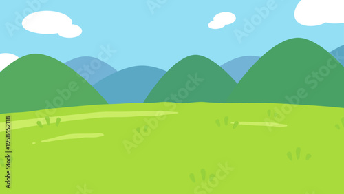 ゆるい雰囲気の草原と山と空の背景イラスト_16:9