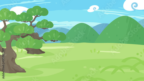 和風な雰囲気のある草原と山と松の背景イラスト_16:9