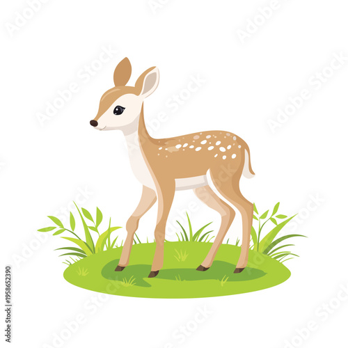 Cartoon fawn illustration on green grass white background copy space