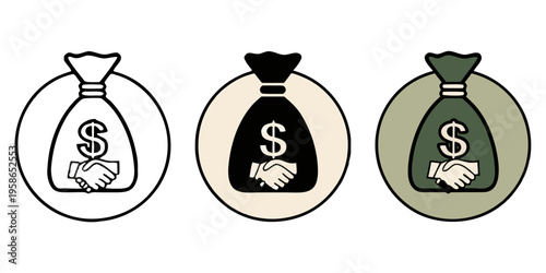 3x1 horizontal row showing 3 variations of financial agreement with money bag and dollar sign