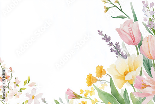Spring flowers painted in soft, transparent watercolors. Tulips, daffodils and small wildflowers in a palette of blush pink, butter yellow and soft purple colors.
