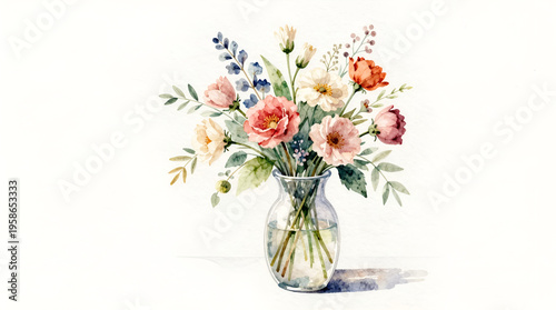 Watercolor painting of a simple floral arrangement in a clear glass vase, evoking a sense of natural beauty and tranquility.
