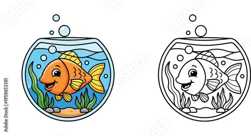 Happy Goldfish in Bowl - Cute Cartoon Pet Illustration