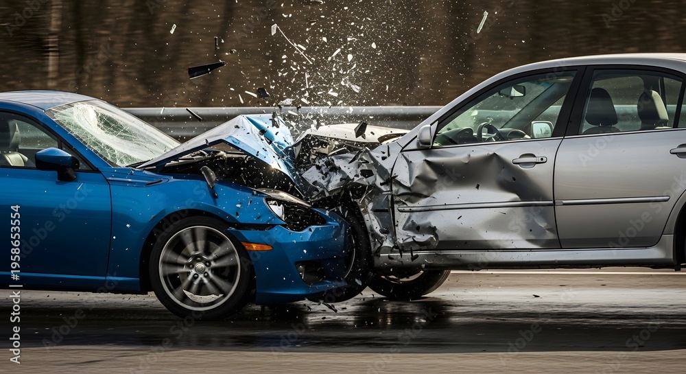 Fototapeta premium Damaged blue and silver cars crashed on road