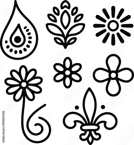 Black Decorative Floral Elements and Paisley Motif Vector Illustration