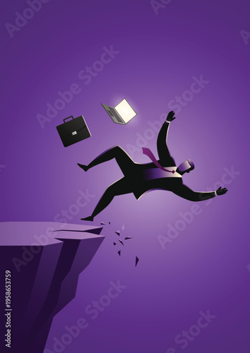 Businessman falling off cliff edge with laptop and briefcase symbolizing financial failure and risk