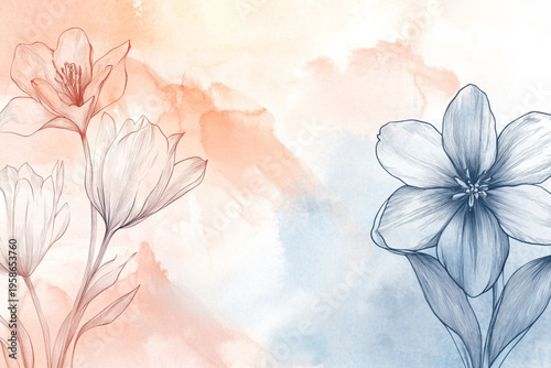Delicate ink line drawings of spring flowers on a soft, blended watercolor wash background in pale peach and powder blue.