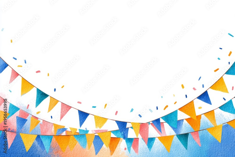Obraz premium Colorful festive bunting and confetti on white and blue background