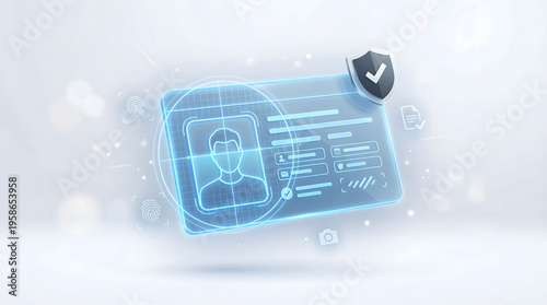 Fototapeta kuchenna digital id card and biometric verification interface with glowing scan lines and security shield icon for identity protection cybersecurity and online data authentication services