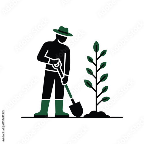 A person planting a tree with a shovel in a green hat