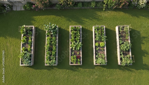 Aerial Garden Layout, Community Garden With Organized Beds, Elevated Garden Plots Arranged On Grassy Field, Overhead Perspective Showing Cultivated Beds And Pathways In Community Space