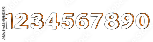 Numbers set, hand drawn outline digits with 3D effect, bold typography numerals for education and design, vector illustration isolated on transparent background