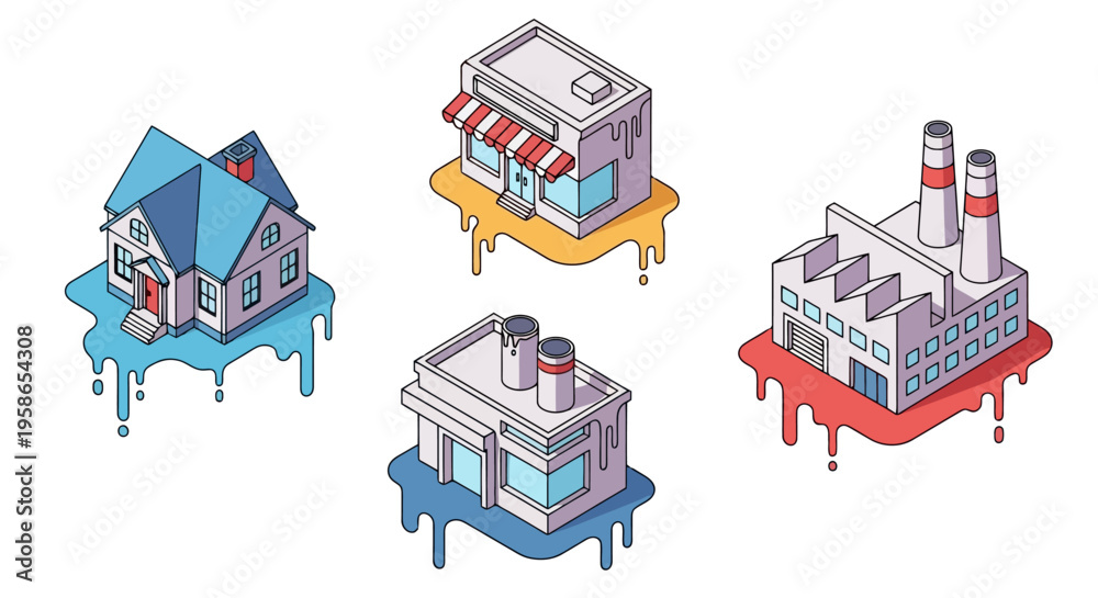 Naklejka premium Isometric Buildings Variety House Store Factory and Business in Unique Design for Architecture and Cityscape Concepts and Creative Visualizations