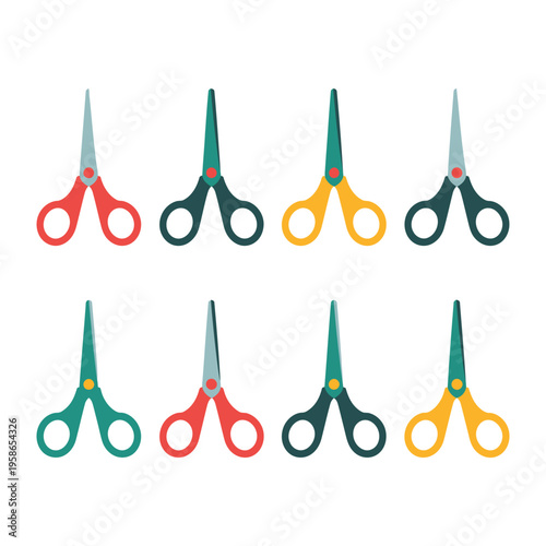 A set of colorful scissors arranged in two rows on a white background