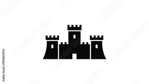 Medieval castle fortress silhouette with towers and battlements, historic architecture landmark, minimal black vector illustration