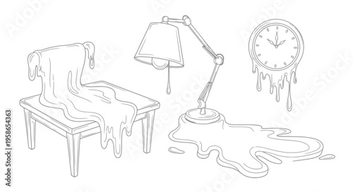 Surrealist Drawing of Melting Furniture Clock and Lamp in a Dreamlike State Conceptual Design for Imagination and Time Perception Illustration