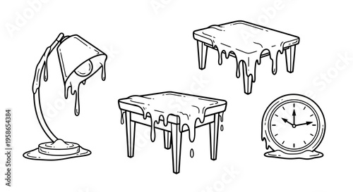 Surreal Melting Furniture Sketch Art Lamp Tables and Clock in Drip Style Design for Decor or Conceptual Illustration Use Black and White