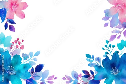 Watercolor floral frame with pink and blue flowers on white background