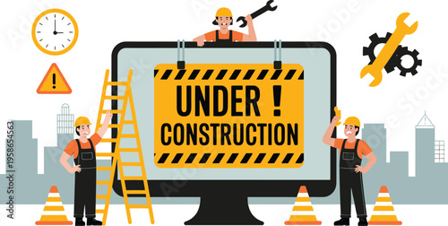 Under construction website concept with workers repairing screen, maintenance service illustration, modern flat vector design