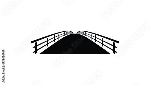 Pedestrian bridge with railings perspective view, urban walkway crossing structure, minimal black silhouette vector illustration isolated