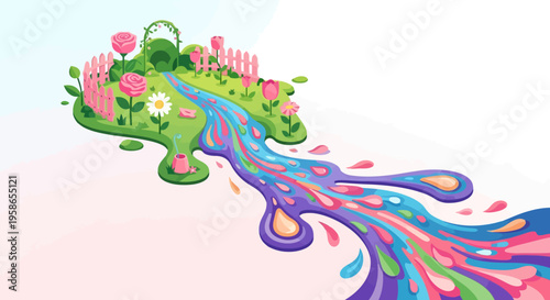 Whimsical Island with Pink Roses and Colorful Stream for Fantasy Illustrations and Children s Book Covers and Positive Themes in Design Projects