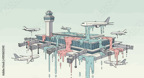 Surreal Airport Terminal Surrounded by Airplanes Dripping Paint Fantasy Dreamscape for Travel Transportation Logistics and Tourism Concept