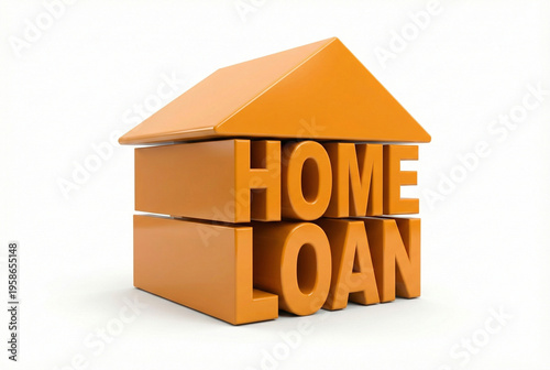 A 3D orange house with home loan text on a white background