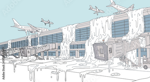 Airport Terminal Illustration with Flying Planes and Jet Bridges Undergoing Melting Showing Climate Change and Airport Infrastructure