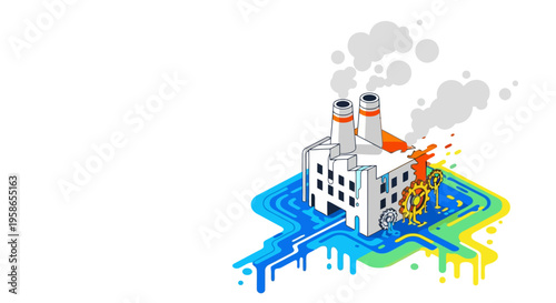 Isometric Factory Illustration Showing Energy Technology and Manufacturing Concepts with Eco Friendly Power Generation Sustainability and Industry