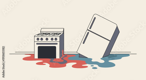 Conceptual Illustration Showing a Flooded Kitchen Appliance Disaster with Stove and Refrigerator on Neutral Background Design for Commercial Use