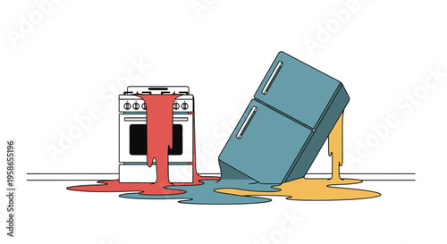 Cartoon Illustration of Leaking Kitchen Appliances Stove and Refrigerator with Colorful Fluid Overflows on a White Background