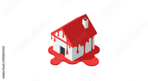 Small Isometric House with Red Drips Home Dwelling Residence and Mortgage Concept Illustration for Real Estate and Insurance Advertisements