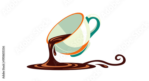 Spilled Liquid from Tilting Ceramic Cup Digital Art Illustration for Beverage Concept and Design Use Dark Liquid Flowing on Clean White Background
