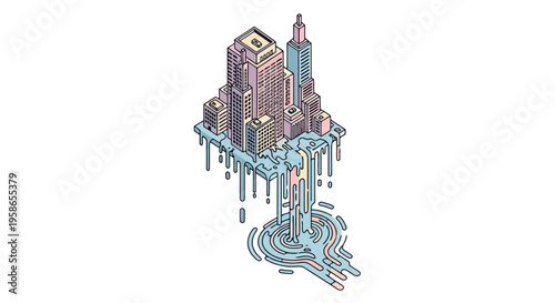 Abstract Isometric Cityscape with Waterfalls Illustration Featuring Architectural Structures and Urban Planning for Creative Projects and Designs