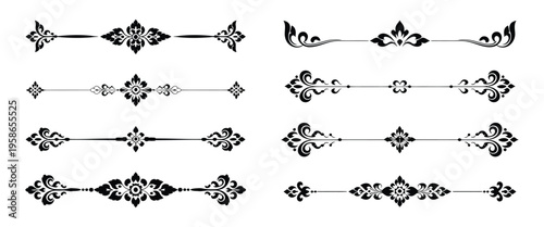 Thai Kanok decorative borders and dividers vector set with traditional line ornaments, elegant vintage pattern collection for frames, invitations, certificates, menus and branding design