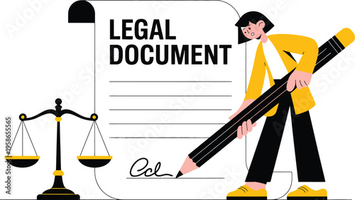 Legal document signing concept with woman holding pen and justice scales, law agreement illustration, modern flat vector design