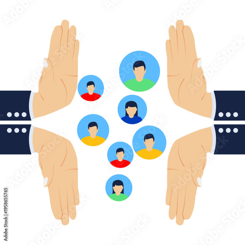 Customer retention, membership system or marketing strategy with a subscription concept, maintain customer loyalty, big businessman hand keep several consumers comfortable and become regular customers