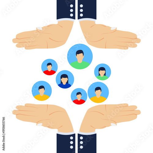 Customer retention, membership system or marketing strategy with a subscription concept, maintain customer loyalty, big businessman hand keep several consumers comfortable and become regular customers