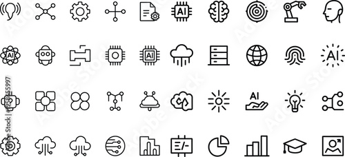 Modern Artificial Intelligence Line Icons, AI Vector Icon Set