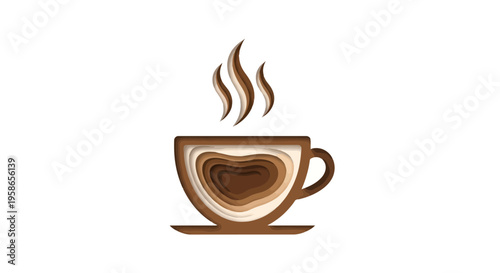 Artistic Brown Toned Cup of Coffee with Steam on White Background in a Paper Cut Style Graphic Design Depicting Warmth and Comfort