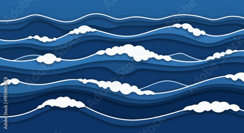 Ocean Wave Cutout Abstract Design Concept Nautical Theme with Blue Layers and White Foam Maritime Background Ideal for Summer Adventures