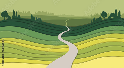 Winding Road Through Layered Green Landscape Vector Art for Nature Concepts and Backgrounds Ideal for Travel Brochures and Website Headers Design