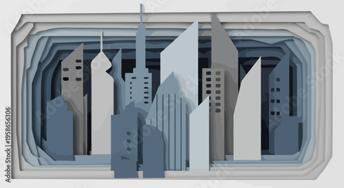 Layered Papercut Cityscape Design Abstract Urban Skyline with Multilayered Buildings and Architectural Shapes Modern Minimalist Artwork for